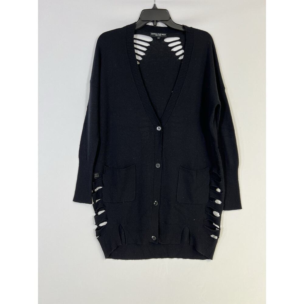 Womens Distressed Knit Cardigan Sweater‎ Central Park NY Sz S Black Grunge Goth